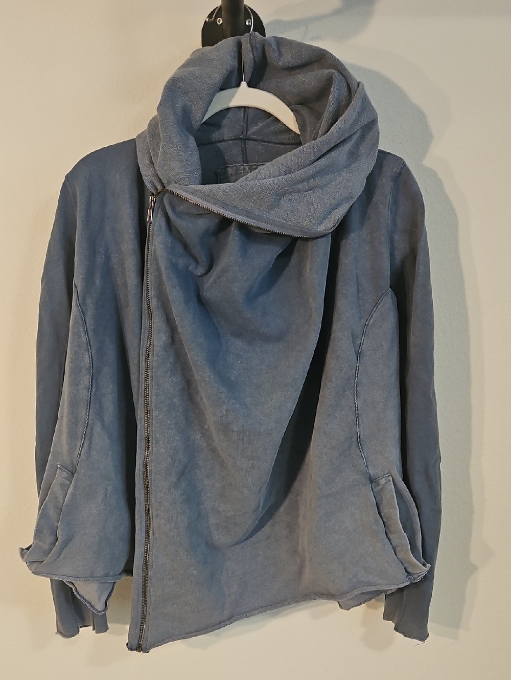 All Saints Washed Blue Asymmetrical Zip Cozy Jacket Hoodie Sz 14